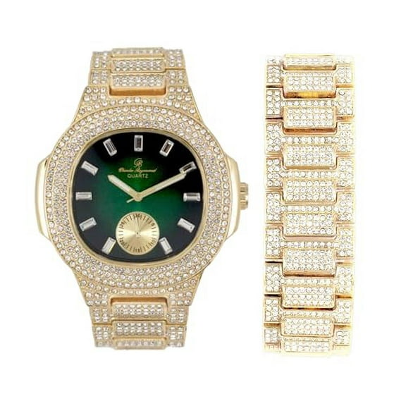 Charles Raymond Blinged Out Oblong Case Metal Mens Watch w/Matching Blinged Out Bracelet Set - ST10235 VO GLD GRN -B