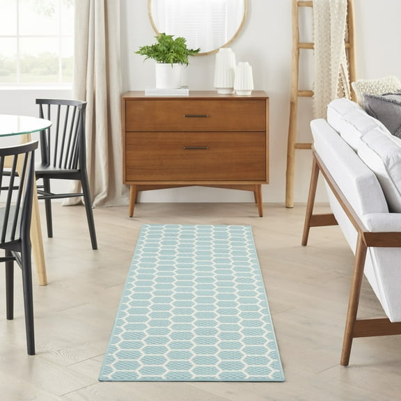Nourison Reversible Indoor Outdoor 2'2" x 8' Aqua Modern Rug