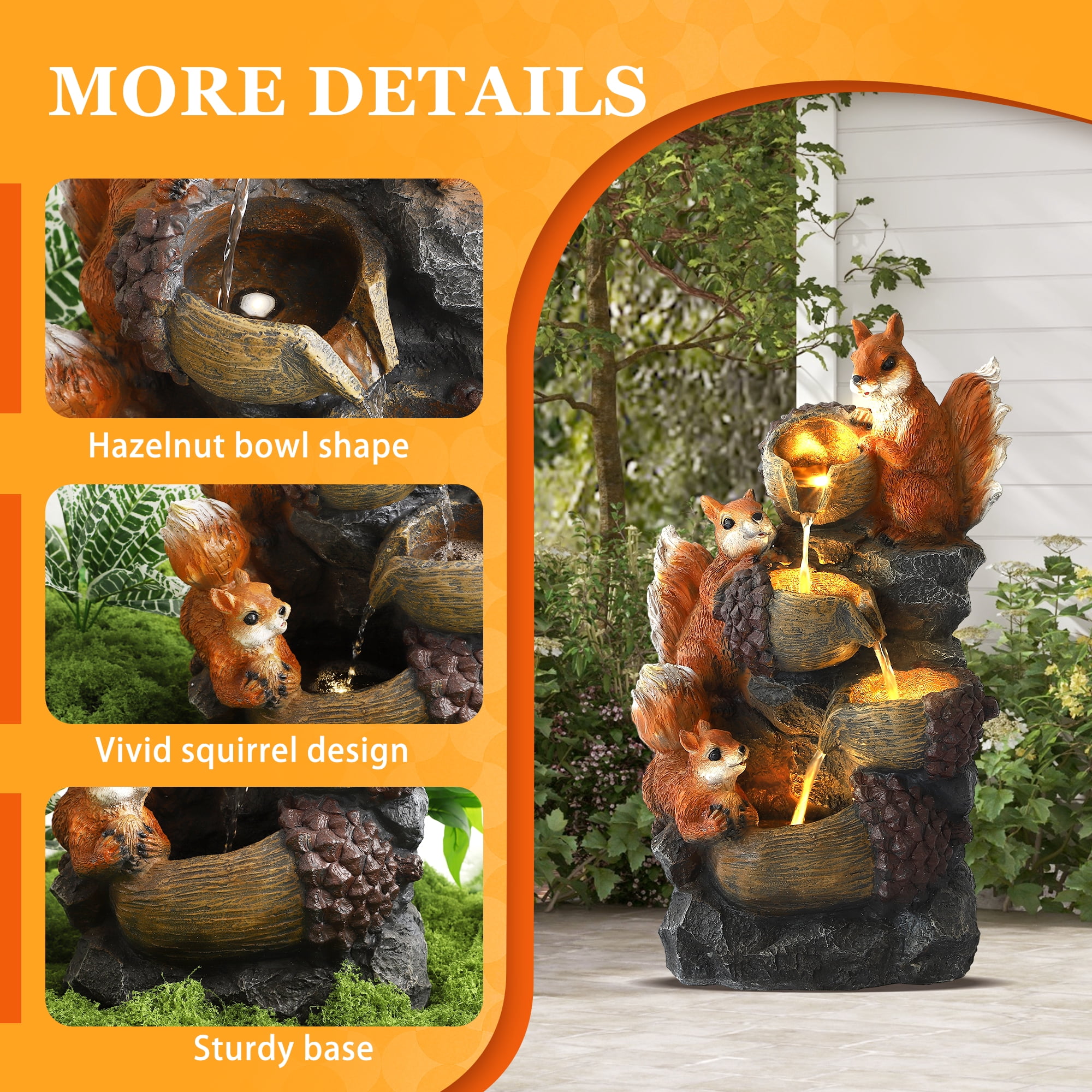 Haverchair 23.6" Outdoor Water Fountain with LED Lights, 4-Tier Squirrels Hazelnut Bowls Garden Fountain, Modern Cascading Waterfall Fountains for Garden, Patio, Backyard, Deck, Porch and Home Decor