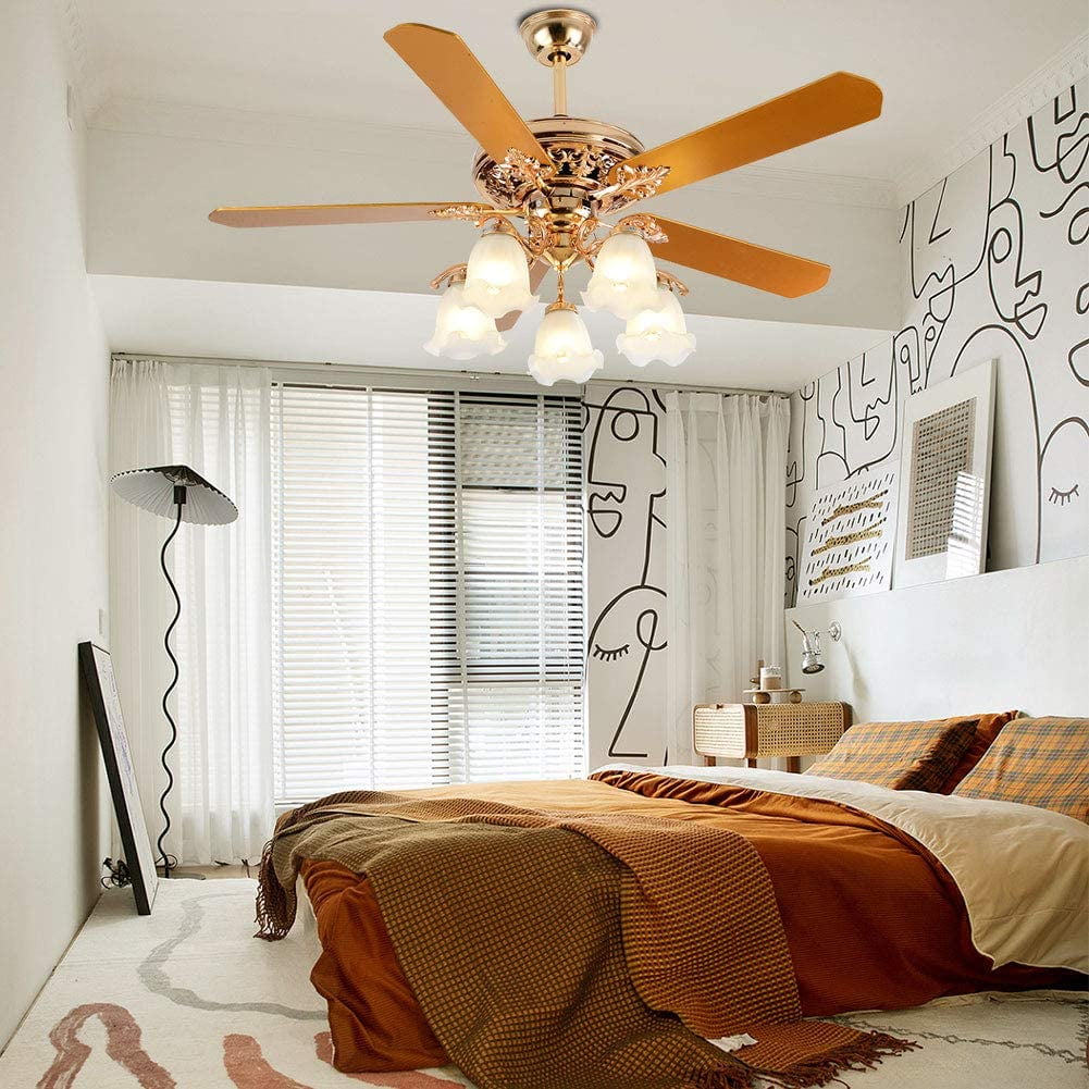 ANQIDI 52" Modern Ceiling Fan Light Gold LED Fan Lamp Chandelier with Remote 5 Wood Reversible Blades 5 Frosted Glass Lampshades