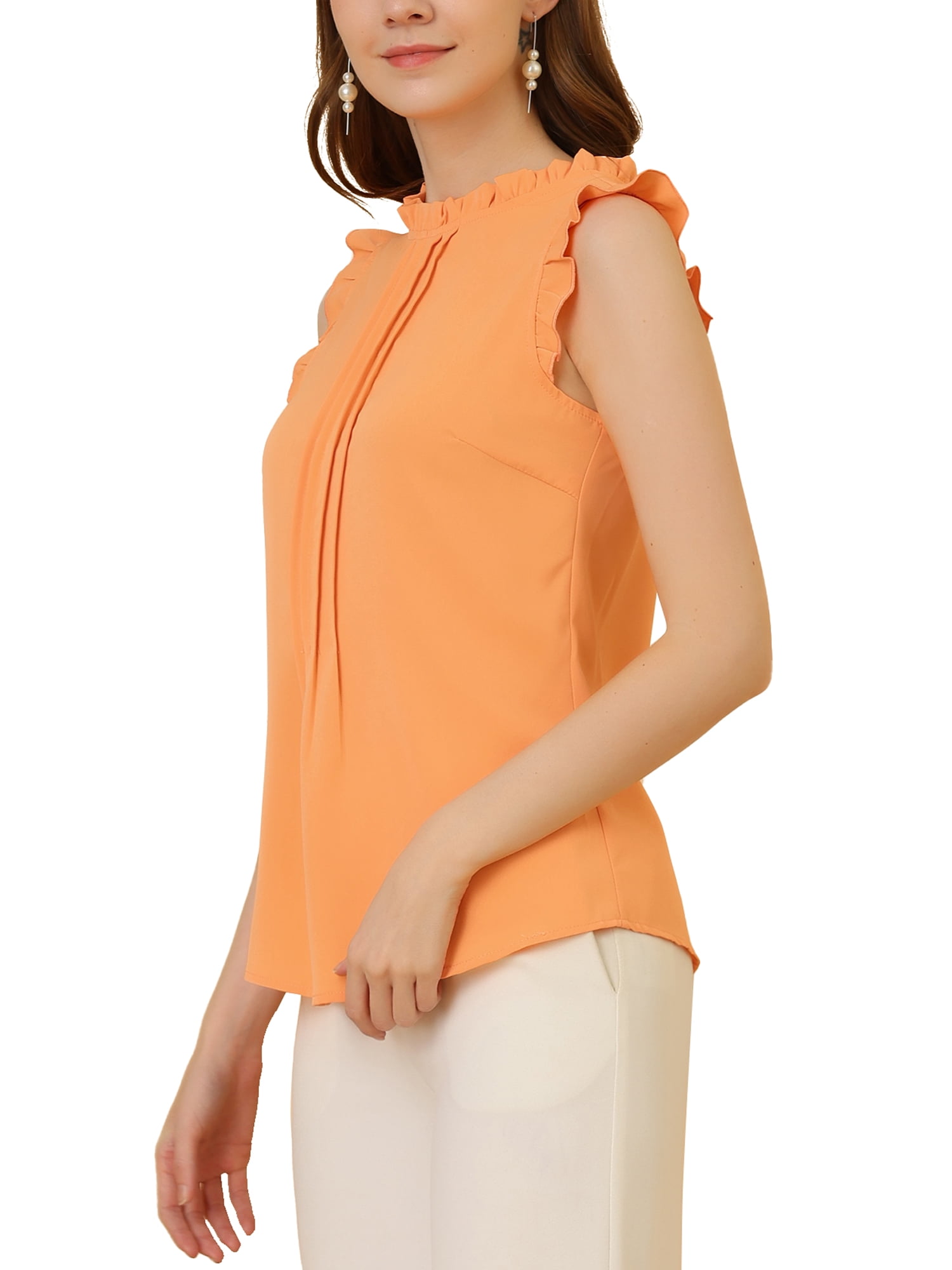 DARING DIVA Women's Ruffled Trim Pleated Plain Blouse Top M Orange