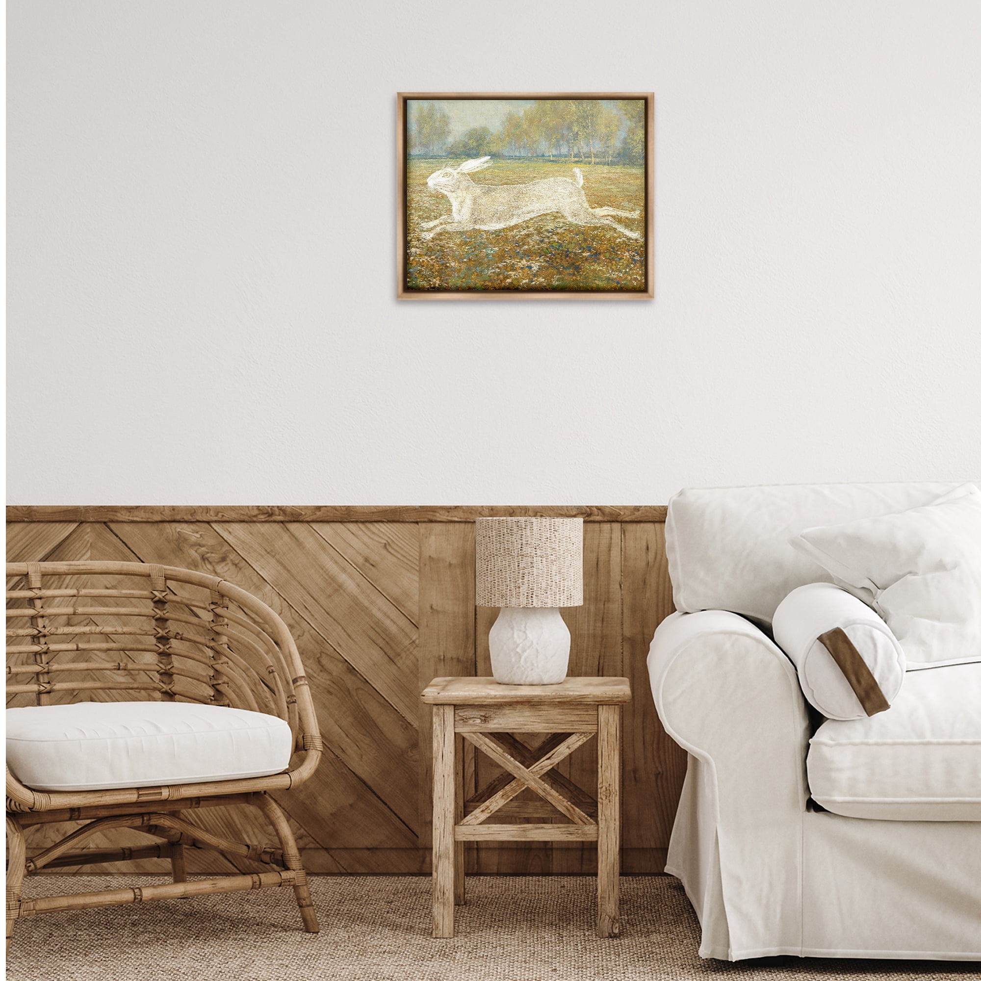Stupell Industries Impressionist Jumping Hare Landscape & Nature Painting Brown Floater Framed Canvas Art Print Wall Art, 21 x 17