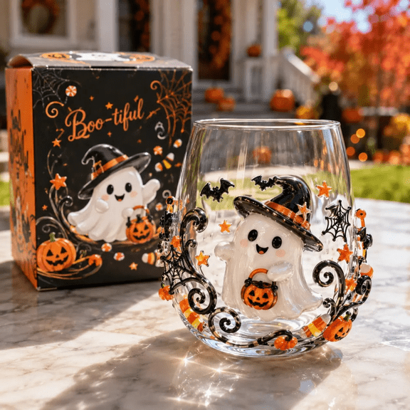 3D Halloween Artisan Glassware Collection, "Boo-tiful" Ghost Magic Stemless Glass, Raised Ghost Pumpkin Spider Cat Artisan Cups, Luminous Fall Spooky Home Bar Drinkware E-1PC