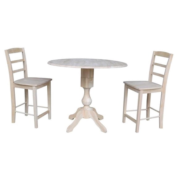 42" Round Wood Gathering Height Table with Two Counter Height Stools -Unfinished