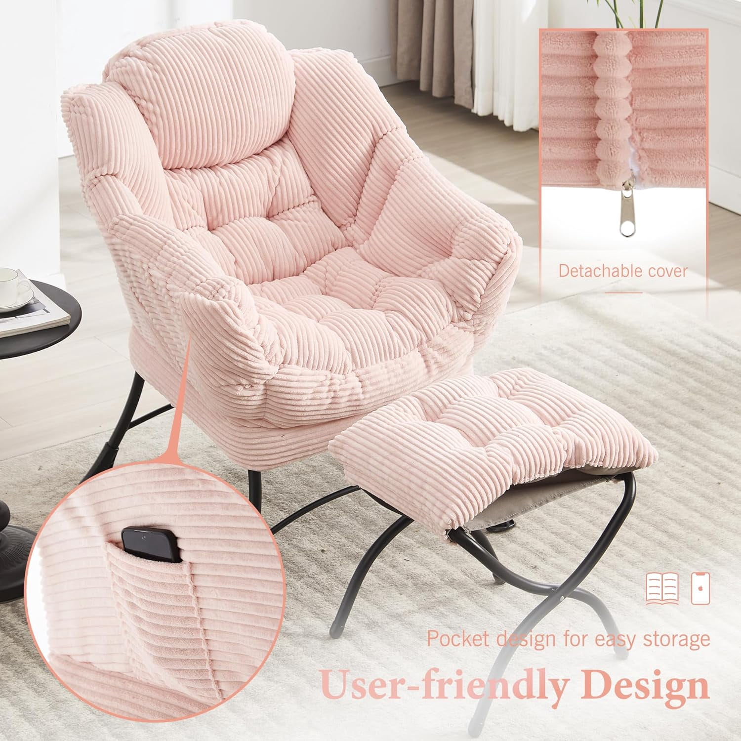 MOONMISS Corduroy Upholstered Oversized Lazy Chair Set of 2 with Folding Ottoman and a Side Pocket,Pink