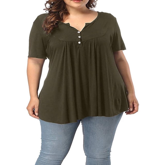 CHOK Tuniques à Boutons Henley à Col en V pour Femmes Grande Taille, Hauts Décontractés à Manches Courtes, Chemisiers