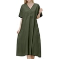 thumbnail image 1 of Robe Longue Ample à Manches Courtes Col en V en Lin Mélangé - Grande Taille, Couleur Unie, Confortable, 1 of 6