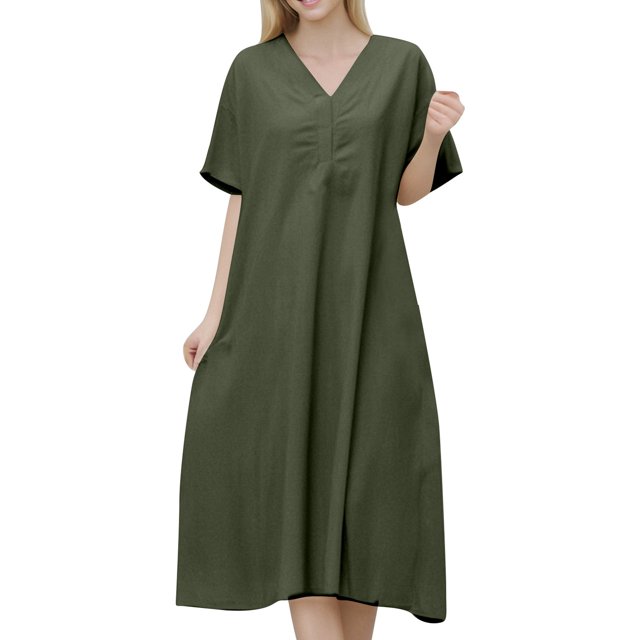Women's Loose Fit Short Sleeve V-Neck Linen Blend Long Dress - Plus Size, Pure Color, Comfortable Wear