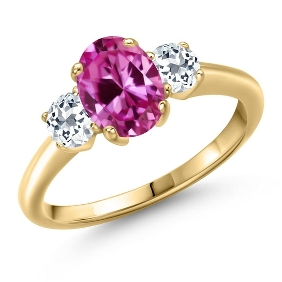Gem Stone King 10K Yellow Gold Pink Created Sapphire and White Topaz Engagement Ring for Women | 2.31 Cttw | Oval 8X6MM | Gemstone September Birthstone | Size 8