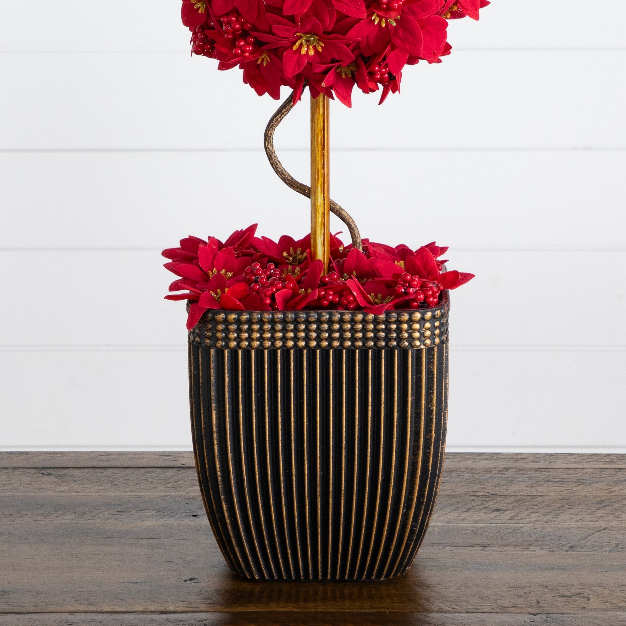 21in. Pre-Lit Artificial Christmas Poinsettia Single Ball Topiary Tree with 15 LED Lights in Decorative Planter