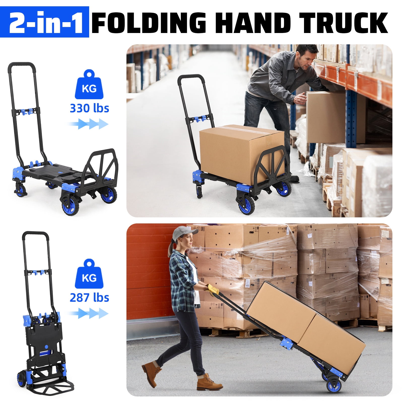 Kicctian 330 lbs Collapsible Wagon Cart with Foldable Basket, 2 In 1 Convertible Collapsible Hand Truck Dolly, with Retractable Handle, Portable Utility Cart for Office, Warehouse, Blue