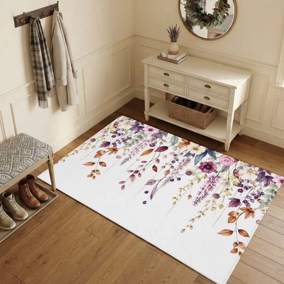 Area Rugs 3'x5', Fall Leaves Carpet Runner Indoor Outdoor Rugs Home Decor Aesthetic, Country Purple Botanical Leaf Flowers Branches Non Slip Mats Washable Accent Rug for Living Room Bedroom