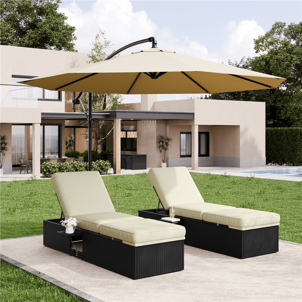 Renwick Patio Reclining Chaise Lounge with Adjustable Backrest, Black/Beige