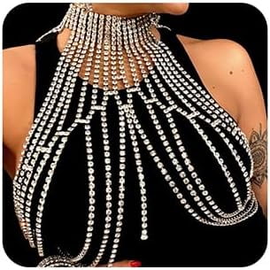 PuliPuqi Rhinestone Fringe Tassels Bra Body Chain Necklace Halter Top Body Jewelry for Women Party Nightclub (Silver)