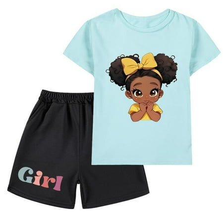 CYRBOKO Outfit Sets for Girls Short Sleeve Elastic Waist Comfy Cotton Graphic Tee and Shorts Light Blue Size 11-12 T