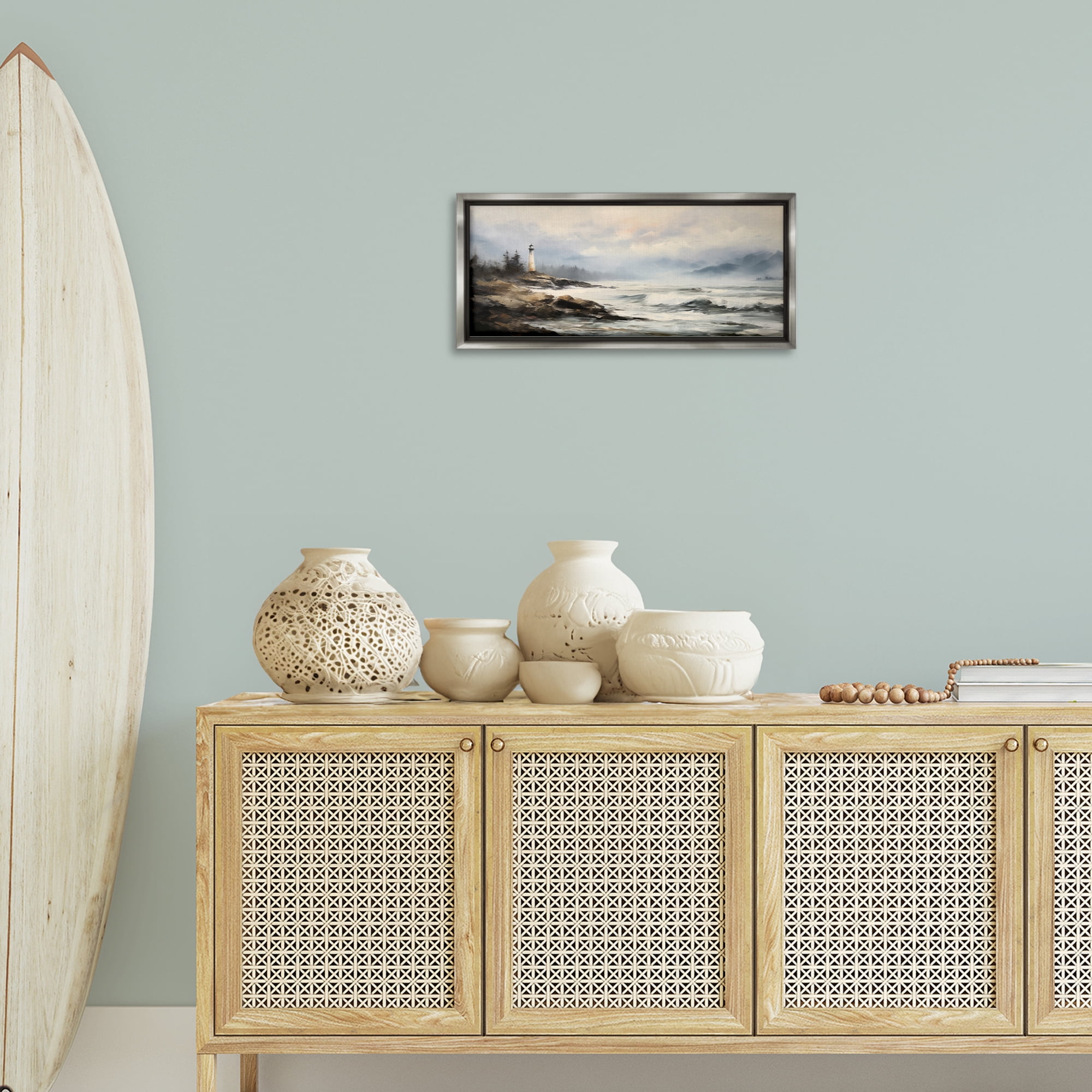 Stupell Industries Coastal Lighthouse Waves Coastal Painting Gray Floater Framed Art Print Wall Art, 25 x 11