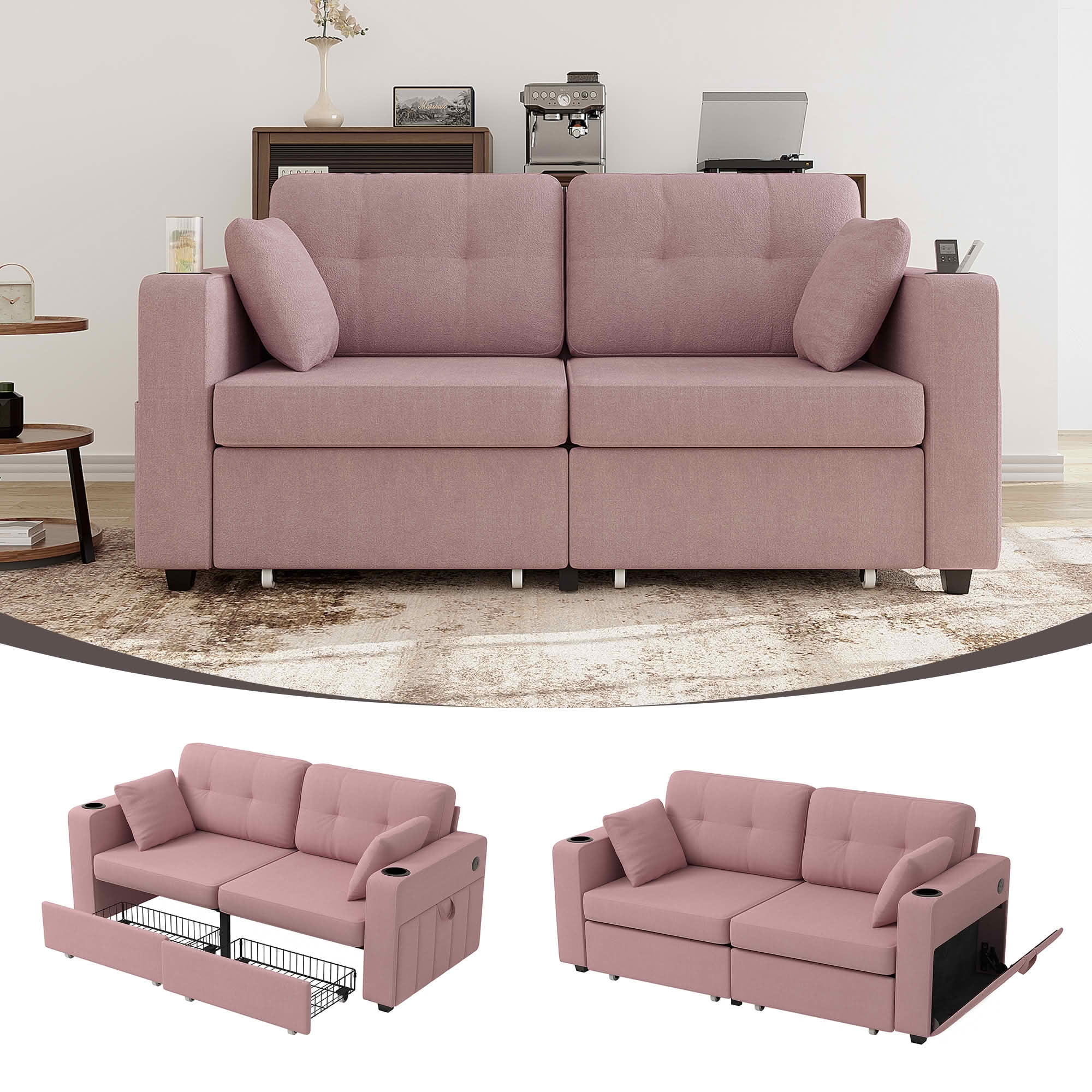 MAYEERTY Modern 3-Seat Chenille Sofa, Wood Frame Sectional Couch with USB Charging, Cup Holder & Storage Function for Home Small Space Living Room