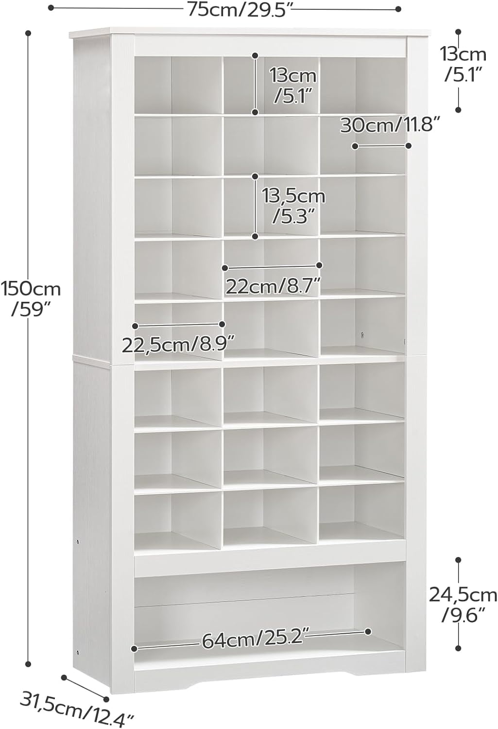 HOOBRO Heavy Duty 8-Tier Shoe Rack with 24 Cubbies & 3 Hooks, White