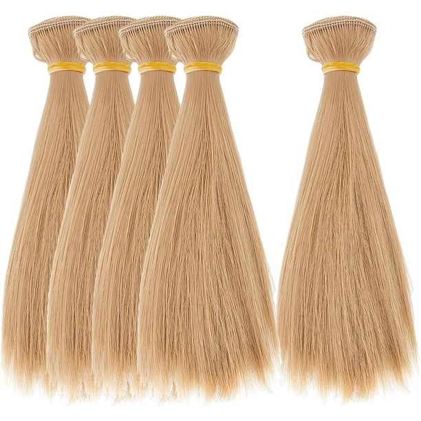 Kit de 5 extensiones de cabello para pelucas, 15,5 cm, liso y corto, de fibra resistente al calor, para la confección de extensiones de cabello. Incluye pelo de camello para manualidades.