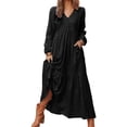 thumbnail image 4 of vigerkar Women's Linen Maxi Dress Long Sleeve with Pockets Casual V-Neck Tiered Ruffle Dress Boho Beach Pleated Long Dress Black, XL, 4 of 9