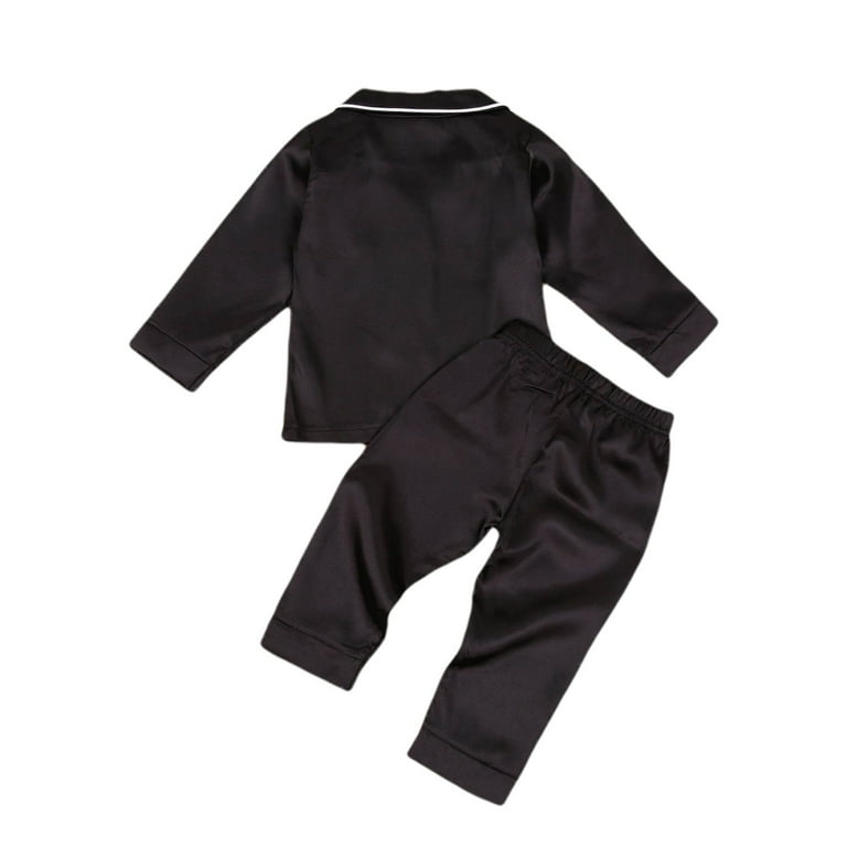 Imcute Kids Boys Silk Satin Pajamas Short/Long Sleeve Button-Down Tops  Short/Long Pants Sleepwear Nightwear Pjs Black 2-3 Years