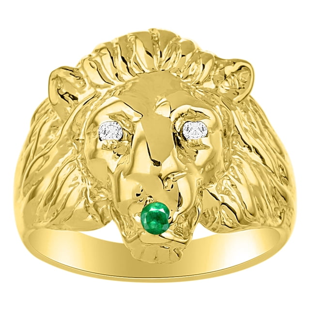 RYLOS Rings Yellow Gold Plated Silver Lion Head Ring Amazing Conversation Starter Diamond Eyes & Emerald Mouth Size 10