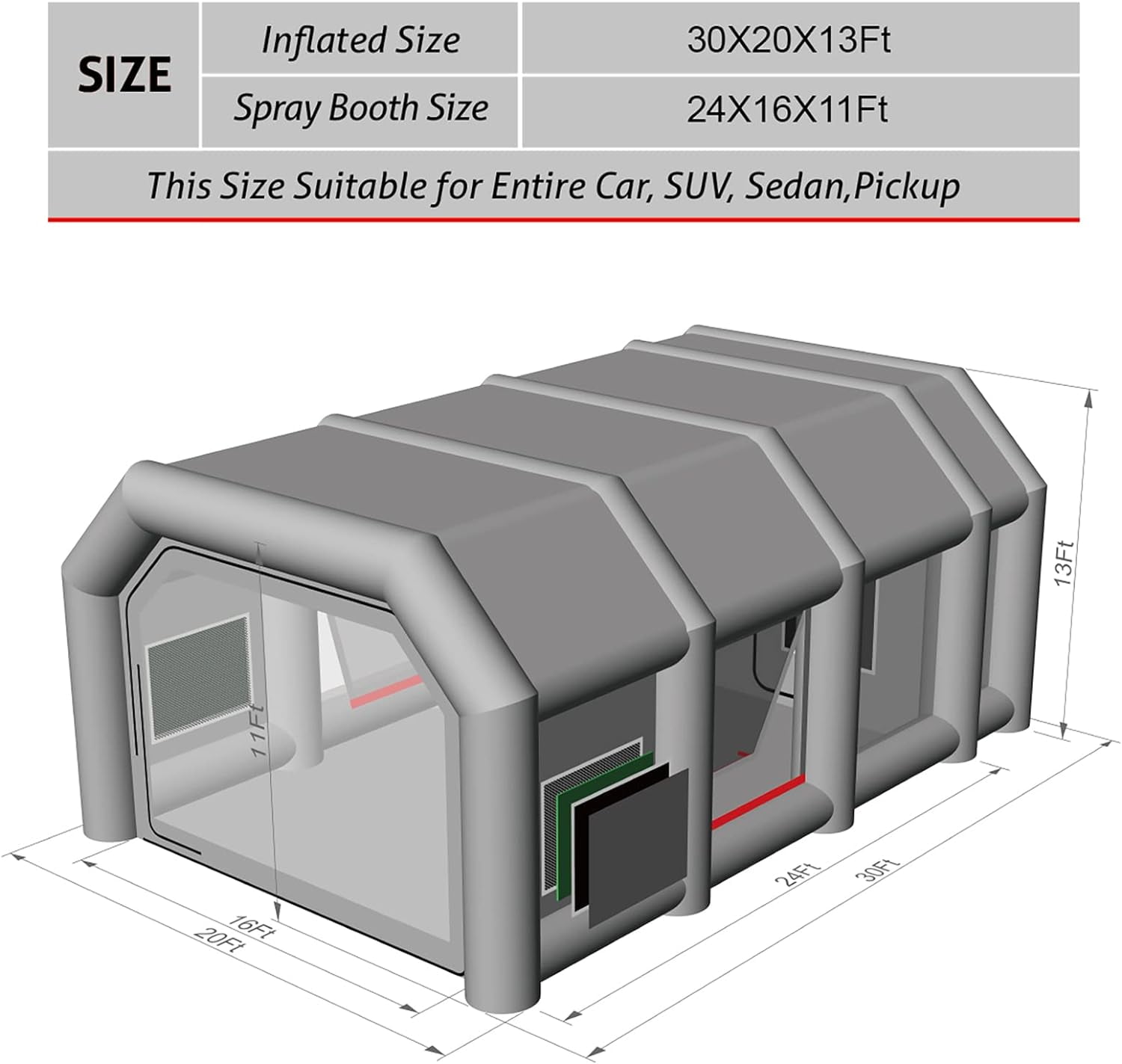 TKLoop Portable Inflatable Paint Booth 26X15X10Ft with Blowers(750W+950W), Inflatable Spray Paint Booth Tent with Tool Room