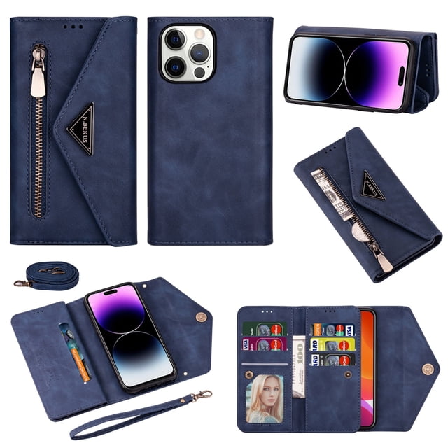 For iPhone 14 Pro Wallet Case,Women/Men A Multi-Card Slot Card Holder Premium Folio Flip Leather Protective Zipper Pocket Purse Wallet Case With Hand Strap and Shoulder Strap Case