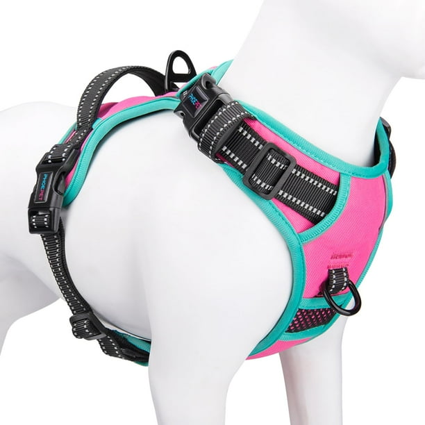 PHOEPET 2019 arnés para perro sin tirones, chaleco reflectante ajustable, con asa de entrenamiento + 2 ganchos de metal para correa + 3 hebillas de cierre + 4 hebillas deslizantes (L, rosa)