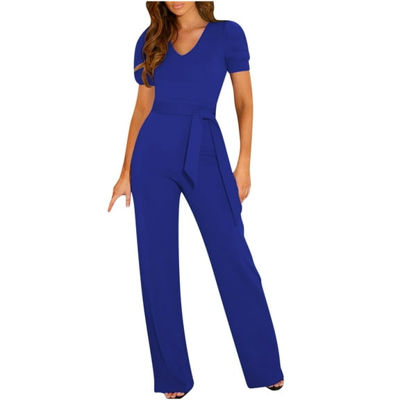 SincereX Jumpsuits Womens Plus Size Plain Jumpsuits Ladies Women Strappy Waist Up Short Sleeved Jumpsuit with V-Neck Wide Leg Pants Blue L