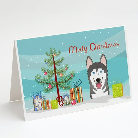 Christmas Tree and Alaskan Malamute Greeting Cards and Envelopes Pack of 8
