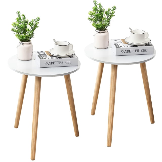 Juego de 2 mesas auxiliares Apicizon, 42 cm, color blanco con patas de madera