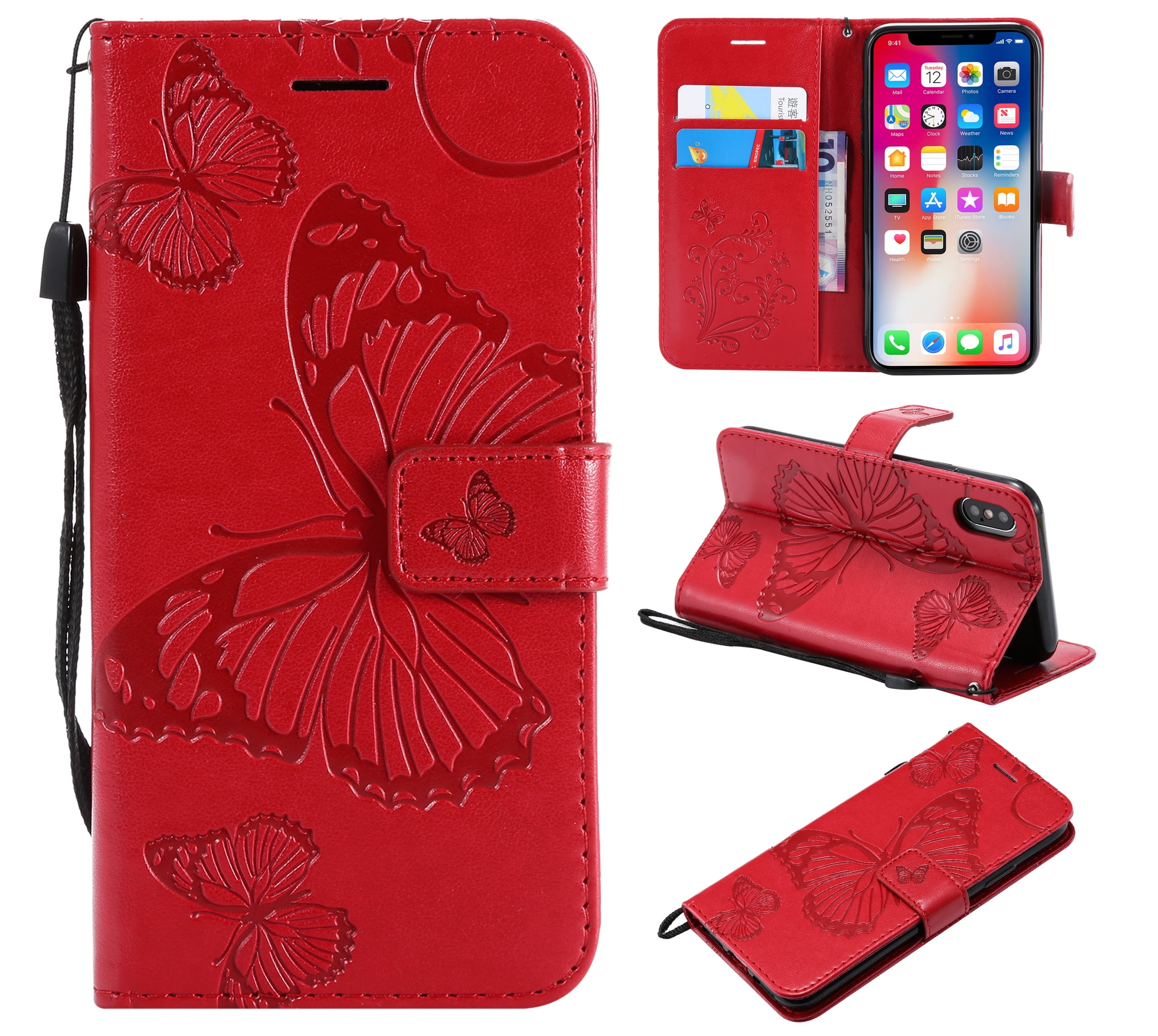 Herbests Compatible with iPhone 11 Pro Wallet Case Luxury Bling Diamond Mandala Flower Pressed Case with Stand Flip Folio PU Leather Shockproof Cover Magnetic Wrist Strap,Red