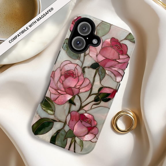 Pink Rose Stained Glass PRINTED Tough Phone Case | Magnetic Impact-Resistant Case