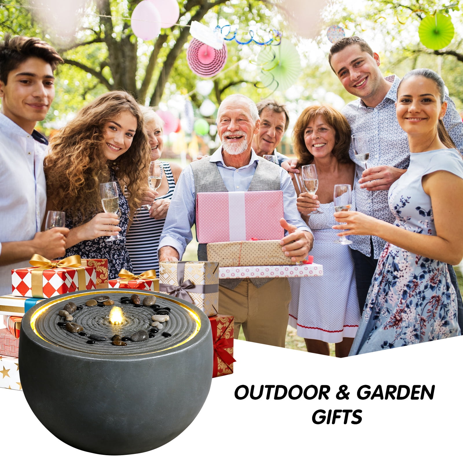 Mintazer 19.3" Modern Round Bowl Ripple Water Fountain with LED Light, Outdoor Garden Fountain with Natural River Stones for Patio Porch Backyard