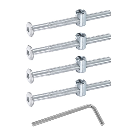 Uxcell 4 Pack Bed Frame Bolts, M6 x 75mm Hex Socket Head Screws Bolts Barrel Nuts Bunk Bed Bolts Furniture Screws with Rice-shaped Head Barrel Nut and Wrench for Chairs Cots, Silver