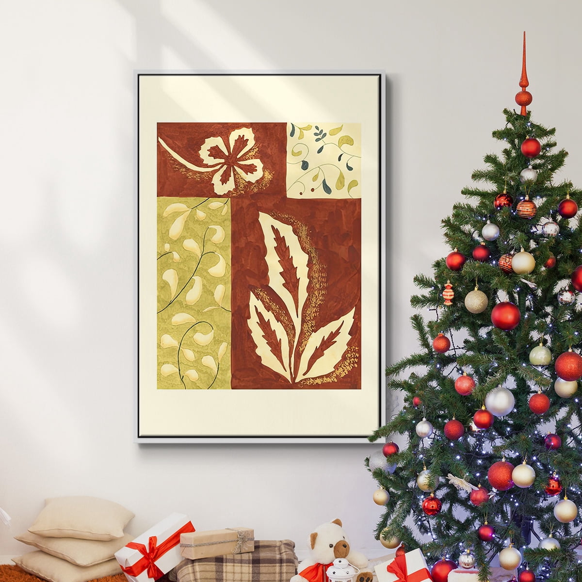 Festive Floral I - Framed Gallery Wrapped Holiday Canvas - 25 x 37 - White Frame