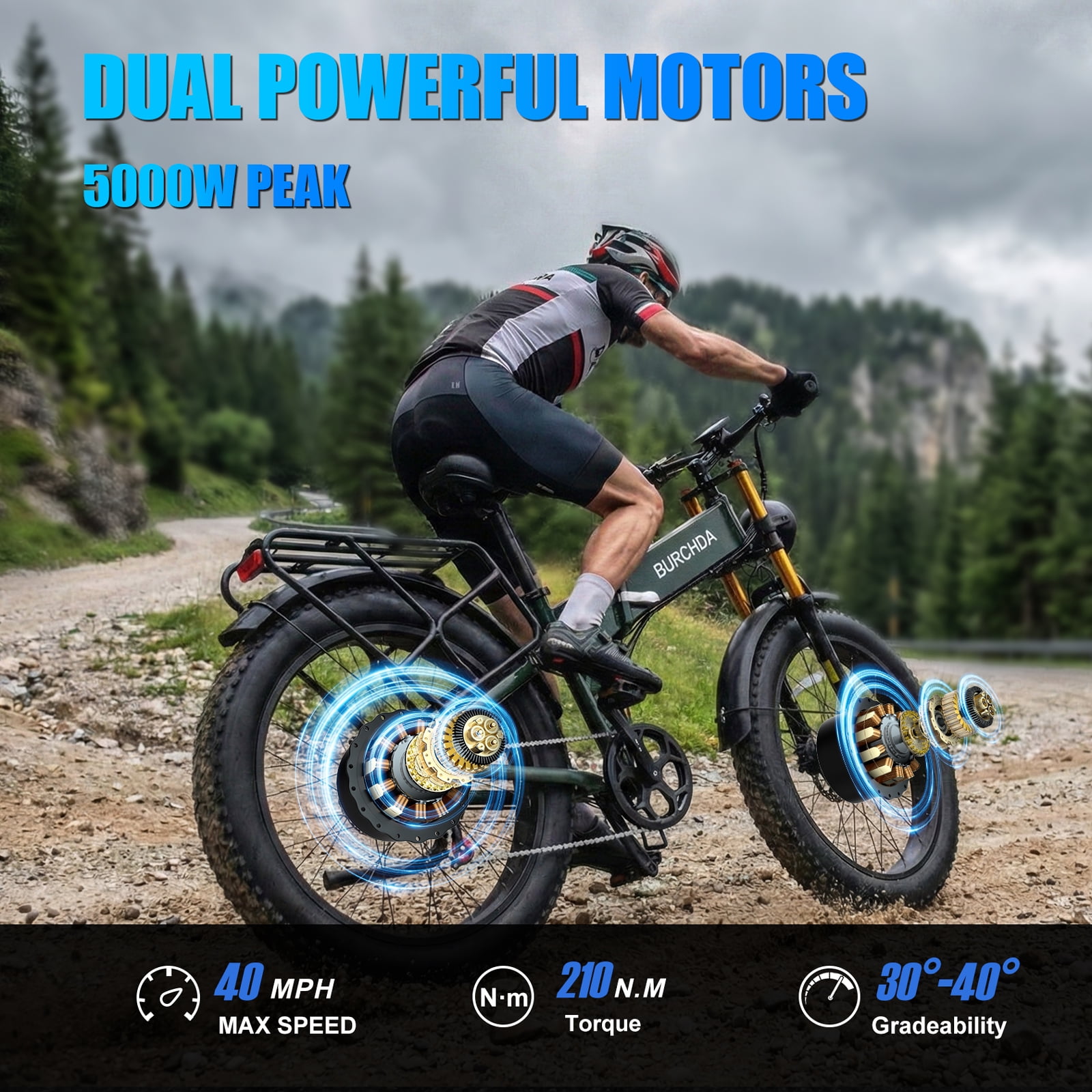Folding AWD Dual motor Electric Bike for Adults 26'' 5000w UL2849 48v 30Ah, 7 Speeds,4.0 Fat Tire Ebike up to 40MPH Off Road E-mountain bike Dual Hydraulic Disc Brakes&Suspension Electric Bicycles