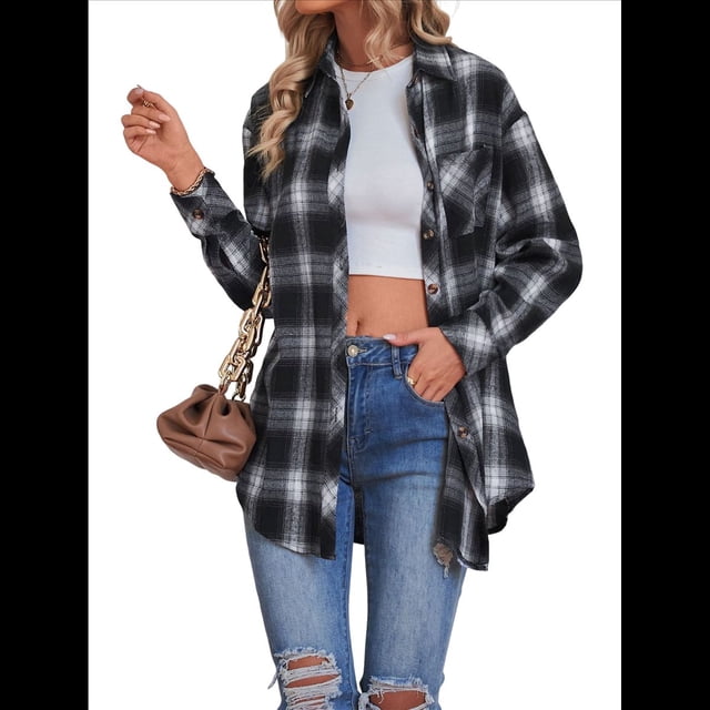 Camisas de Franela con Botones para Mujer, Camisas A Cuadros de Larga, Blusa Informal de Negocios Negro L