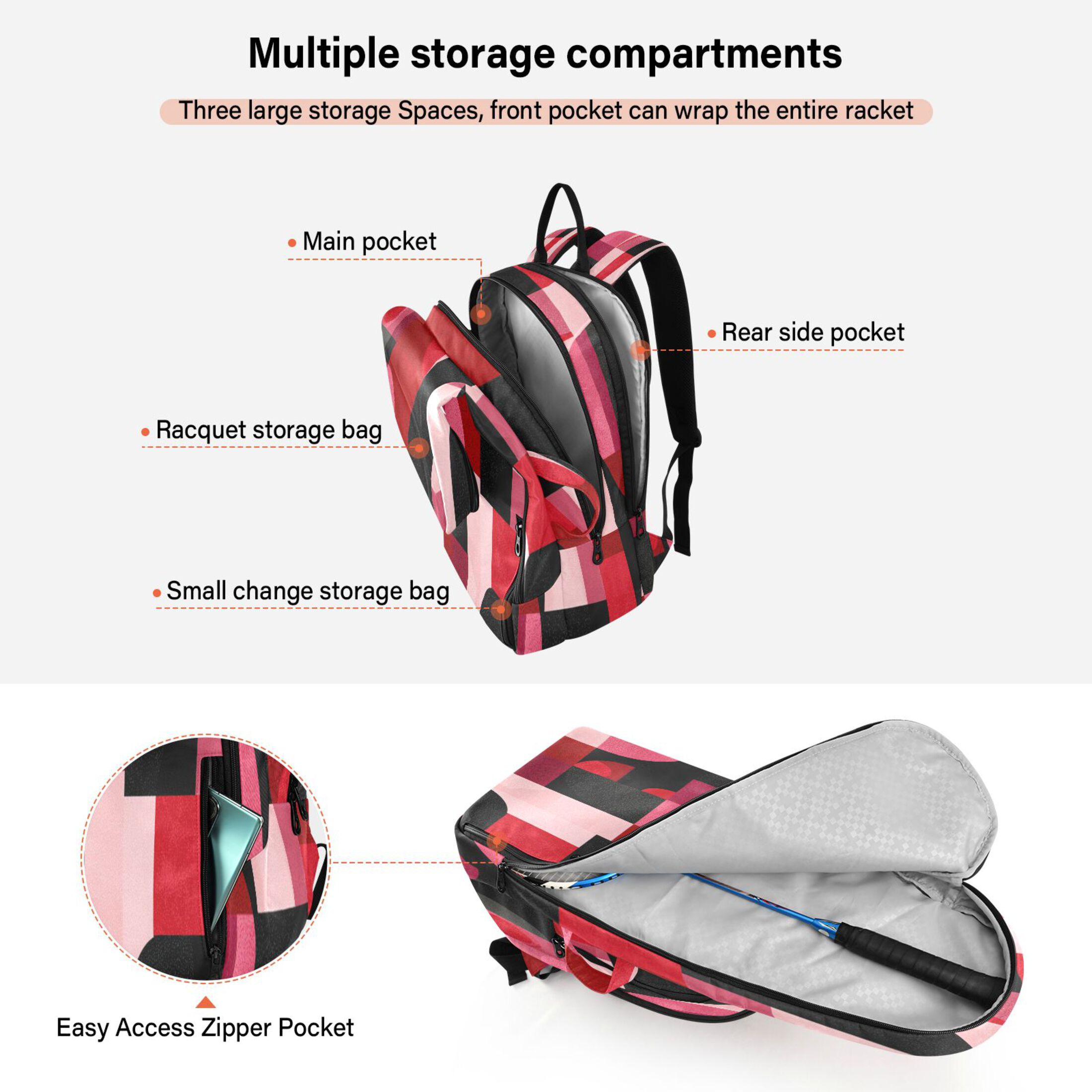 2 Racquet Holder Tennis Backpack Tennis Racket Covers Gym Bags Red and Black Record Pattern