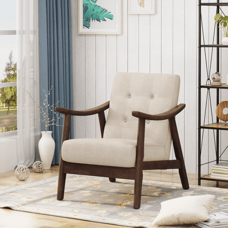 Mid-Century Modern 1-Piece Armchair - Beige Fabric & Brown Frame with Tufted Arms