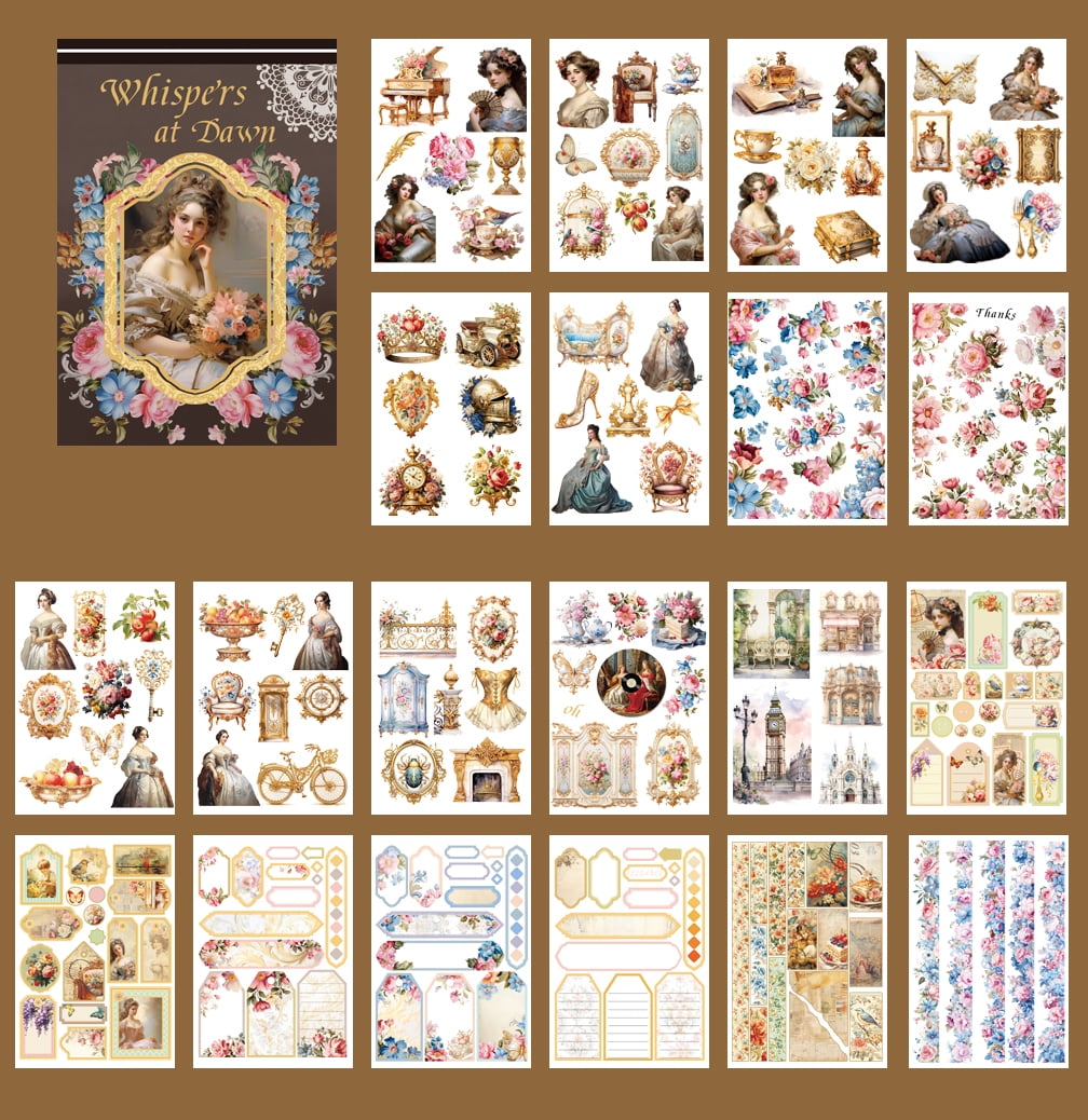 A5 Vintage Scrapbook Sticker Book White Cover 20 Unique Junk Journal Stickers Paper Sheets for Bujo DIY Crafts