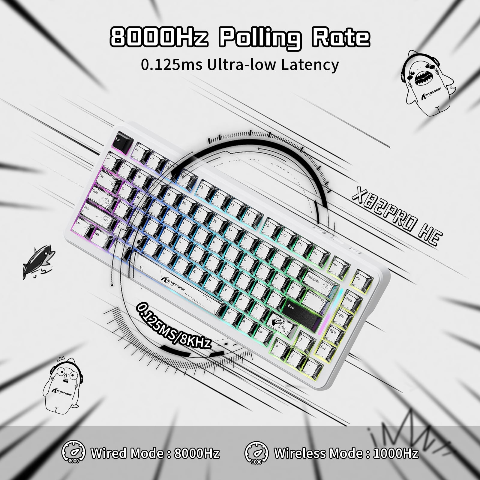 ATTACK SHARK X82PRO HE 75% Wireless Rapid Trigger Magnetic Keyboard, 8K Wired Gaming Keyboard, Hall Effect Switches Adjustable Actuation, QWERTY, RGB Backlit, C01 RGB Coiled Cable -Comic
