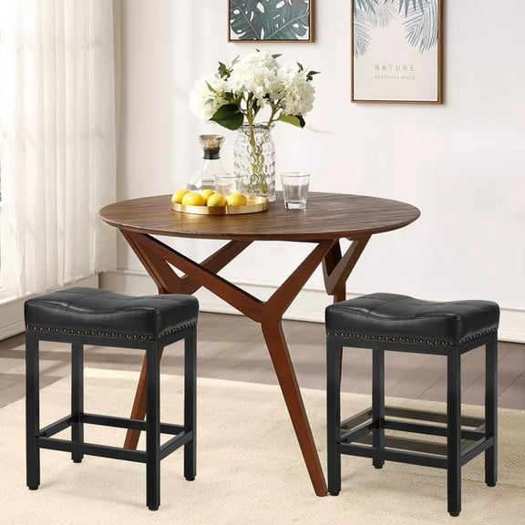 JOINSUN Bar Stools Set of 2, Hight 24 Inch Kitchen Barstools with Metal Base, PU Leather Saddle Seats for Kitchen, Black