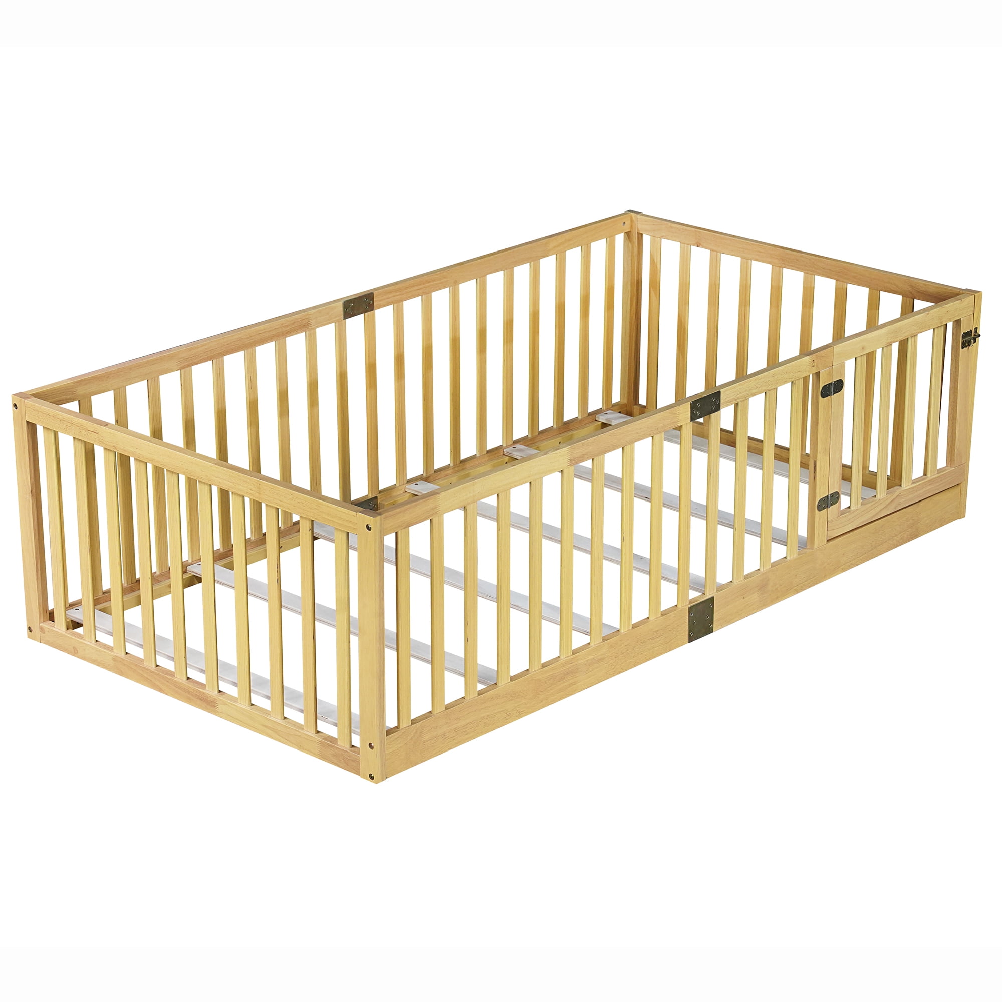 Miniyam Wooden Twin Size Floor Bed for Kids with Door, High Safety Fence, Oak
