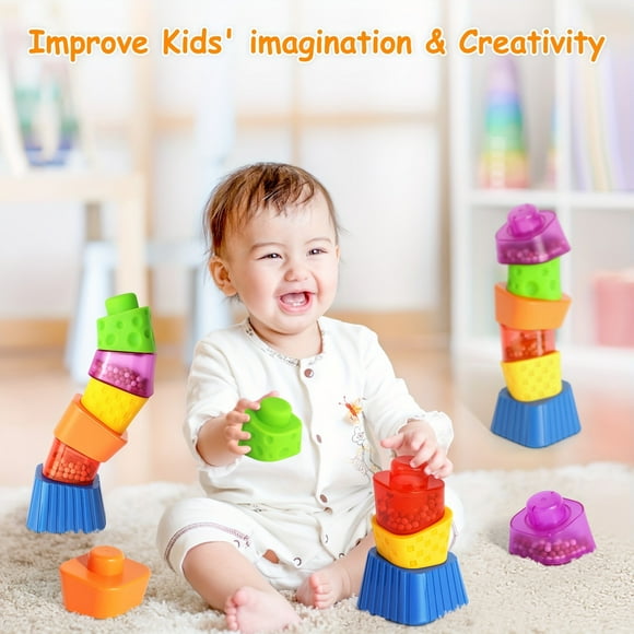 QJUHUNG 6pcs Soft Stacking Building Block Baby Montessori Colorful Blocks Toy Teethers Toy Educational Squeeze Play With Shapes Exchange Textures Shape Rubber Blocks Variable Baby Block