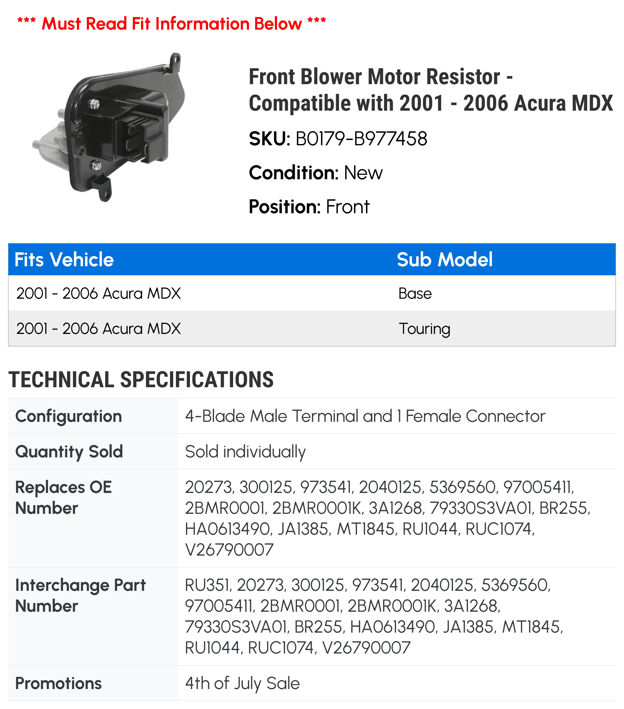 Front Blower Motor Resistor - Compatible with 2001 - 2006 Acura MDX 2002 2003 2004 2005