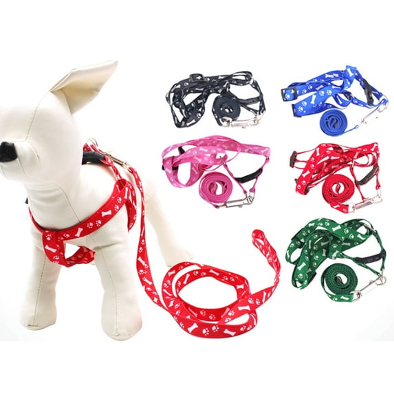 opvise Dog Cat Harness Collar Leash Fashion Bones Paws Print Safety Traction Rope Bones Paws Pink 0.4''(w)/47''(l)