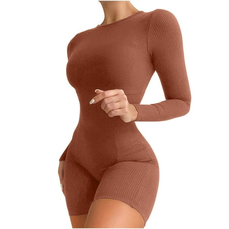 

Womens Bodysuits Clearance Sports Yoga Tight Fit Slimming Bib Pants Coverall Knitting Undershirts One-Piece Leotard Sticky Boobspush Up Bra Brown S