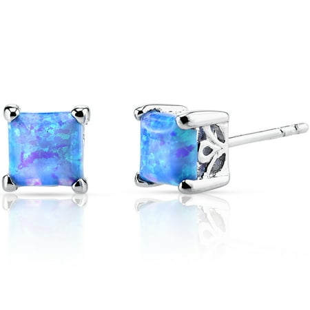 Peora 1.25 Ct Round Shape Blue Opal Sterling Silver Stud Earrings Rhodium Finish